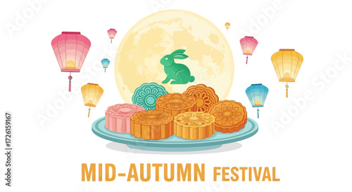 Assorted Mooncakes on Plate with Lanterns and Moon for Mid-Autumn Festival