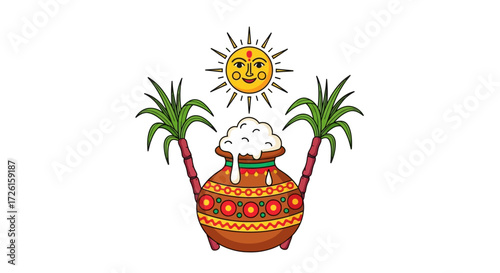 Pongal Festival Clay Pot with Sugarcane and Sun
