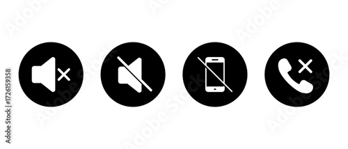Mute speaker, no mobile phone, and call cancel icon. Silence, do not disturb, and telephone disable symbol in black circle