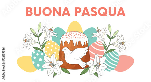 Easter Pasqua Illustration:  Paska Bread, Lilies, Dove, and Eggs