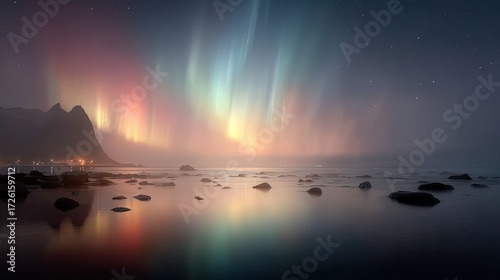 Scenic Northern Lights Aurora Borealis Over Calm Ocean and Rocky Coastline at Night with Stars in Night Sky
