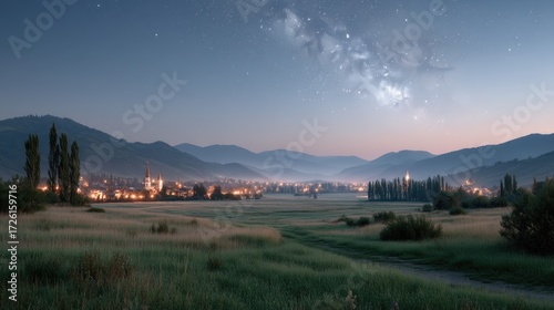 Scenic Night Sky with Stars over Rural Landscape with City Lights and Distant Mountains Under Dramatic Blue Sky Cinematic Hdr Astrophotography