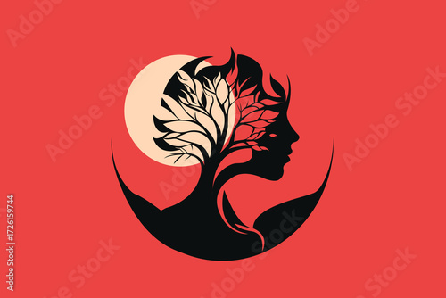 Abstract Silhouette with Tree Leaves and Moon – Parent and Child Trauma Concept Illustration