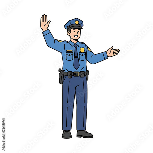 Friendly Police Officer Cartoon Illustration Directing Traffic