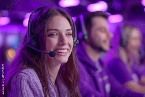 Happy woman call center agent working headset customer support