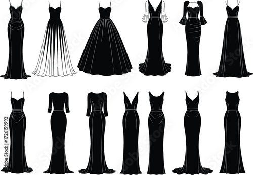 of black floor-length women's evening gown silhouettes technical flat sketch vector illustration drawing design pattern bundle for glamorous formal wear with different necklines.