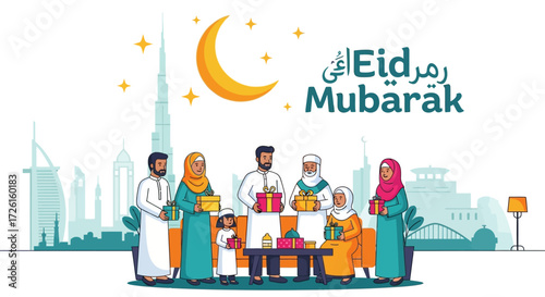 Muslim Family Celebrating Eid Mubarak with Gifts