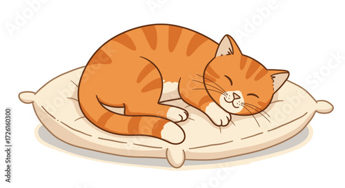 Adorable orange tabby cat peacefully sleeping on a comfortable beige pillow, sweet feline pet resting illustration design
