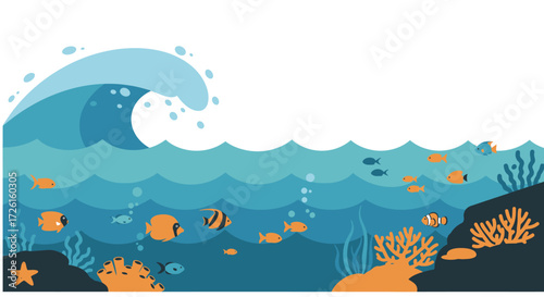 Vibrant marine life flourishes in a dynamic underwater ecosystem, showcasing colorful fish, intricate coral reefs, and a powerful ocean wave above