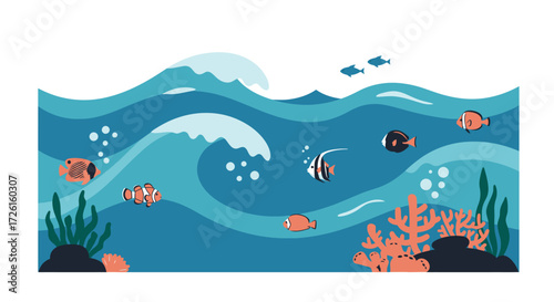 Oceanic Wonders Vibrant Coral Reef teeming with Clownfish, Angelfish, and Waving Seaweed