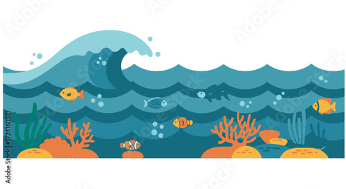 Stylized vector illustration of a vibrant underwater ocean scene with a large surface wave, colorful tropical fish, and coral reefs. A beautiful marine life background