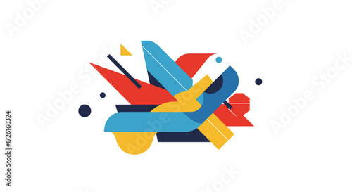 Geometric Bird Artwork with Abstract Shapes and Vibrant Colors on White Background