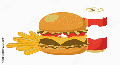 Classic American fast food meal featuring a juicy double cheeseburger, golden crispy french fries, and refreshing fizzy soda cans, perfect for a quick and satisfying treat