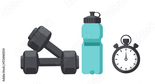 Fitness Essentials Dumbbells, Water Bottle, and Stopwatch for Your Workout Routine