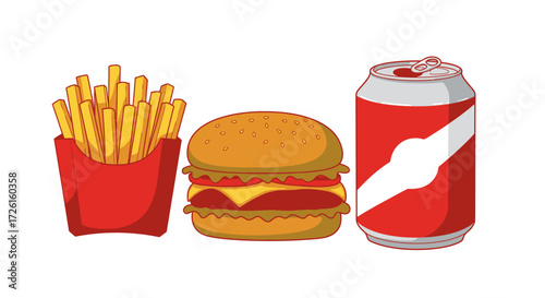 Classic fast food combo meal with a delicious cheeseburger, golden french fries, and a fizzy soda drink. Vector illustration set isolated on a white background