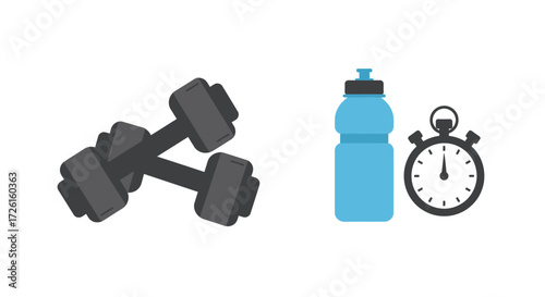 Fitness and workout equipment icon set. Vector illustration of dumbbells, sports water bottle, and a stopwatch for training and a healthy lifestyle