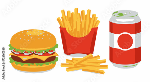Vector illustration of a classic fast food combination meal featuring a cheeseburger, french fries, and a carbonated soda drink in a can