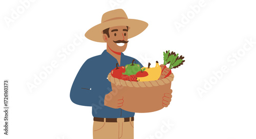 Smiling male farmer character with a mustache holding a wicker basket full of fresh organic vegetables and fruits from the harvest