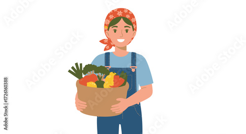 Happy woman gardener in overalls with her harvest of fresh produce in a paper bag. Flat vector design element isolated on a white background