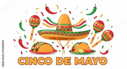 Vibrant Cinco de Mayo Celebration with Sombrero, Maracas, Tacos, and Peppers