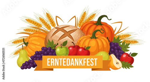 Harvest Festival Illustration with Pumpkins, Bread, and Fruits