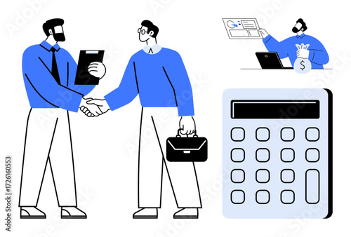 Professionals shaking hands, discussing documents, managing finances with a calculator. Ideal for collaboration, partnerships, financial planning, deals, business success, negotiation simple flat