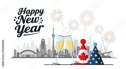 New Year's Eve Celebration with Champagne Toasts and Party Hats