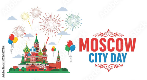 Moscow City Day Celebration with Fireworks and Balloons