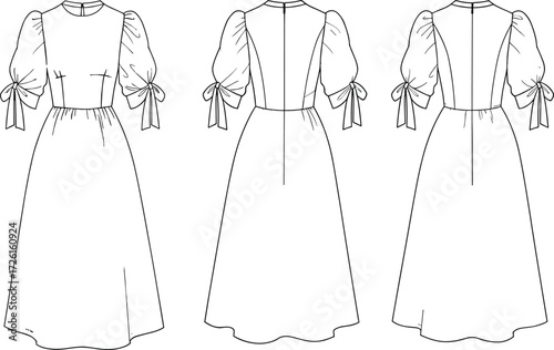 Vintage-Inspired Puff Sleeve Midi Dress Fashion Flat Sketch: Feminine Retro Style Apparel Design CAD Drawing Vector Illustration