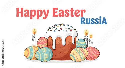 Russian Easter Celebration with Kulich Cake, Decorated Eggs, and Candles