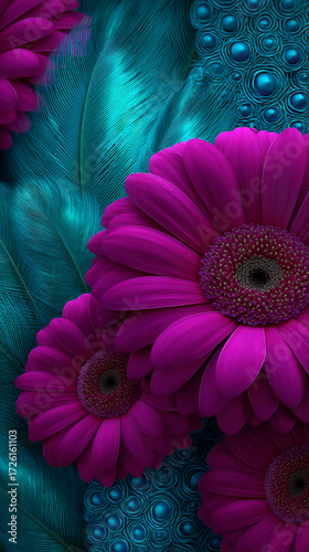 vibrant feathers tropical flowers circular frame.