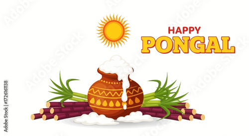 Happy Pongal Celebration with Pot, Sugarcane, and Sun Illustration