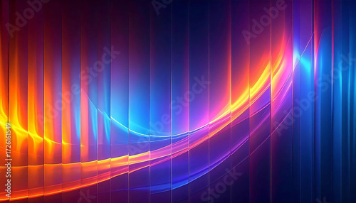 暗いグラデーションの背景に、鮮やかなオレンジ、ブルー、ライラック色の光の筋が入ったガラスの波紋テクスチャ。Glass ripple texture with vibrant orange, blue and lilac light streaks on a dark gradient background.