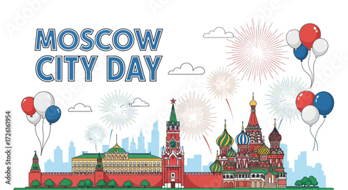 Moscow City Day Celebration with Fireworks and Balloons