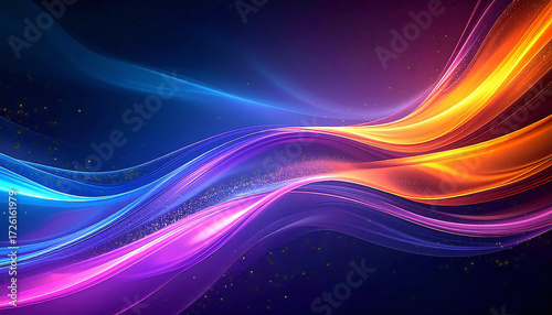 暗いグラデーションの背景に、鮮やかなオレンジ、ブルー、ライラック色の光の筋が入ったガラスの波紋テクスチャ。Glass ripple texture with vibrant orange, blue and lilac light streaks on a dark gradient background.