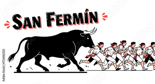 San Ferm?n Festival Illustration: Running of the Bulls with Participants