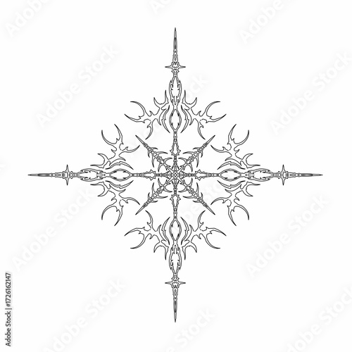 Symmetrical tribal vector star or cross with sharp ornamental spikes, neo tribal blackwork style. Perfect for tattoo design, t-shirt print, stickers, or gothic decoration
