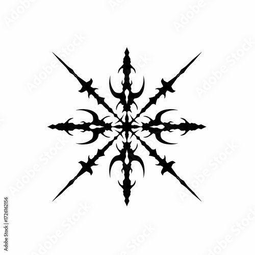 Symmetrical tribal vector star or cross with sharp ornamental spikes, neo tribal blackwork style. Perfect for tattoo design, t-shirt print, stickers, or gothic decoration