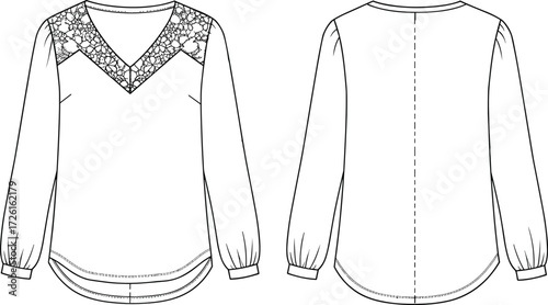 Women's stylish long-sleeve blouse technical flat sketch vector illustration drawing design pattern with V-neckline, floral lace yoke detail, gathered shoulders, and curve