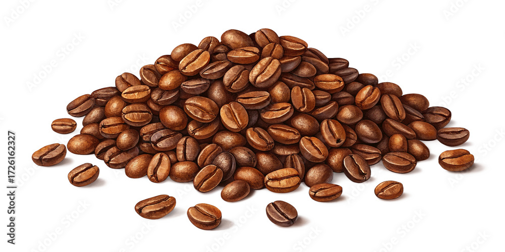 Naklejka premium Hyper-Realistic Roasted Coffee Beans Isolated on Transparent Background Detailed Pile of Glossy Coffee Beans with Rich Texture and Color