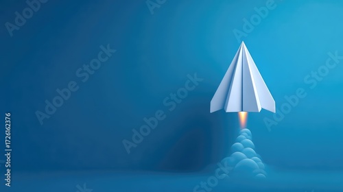 Creative concept of a paper airplane launching into the sky with a bright rocket flame, symbolizing innovation, dreams, and the power of imagination in a minimalistic design setting