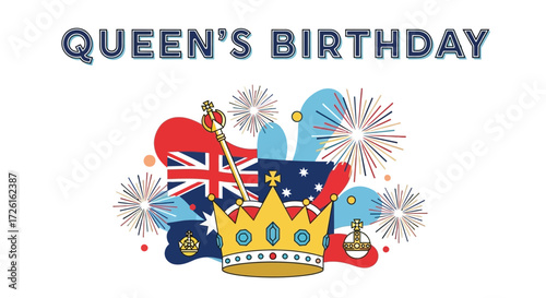 Colorful Queen's Birthday Celebration with Crown and Flags