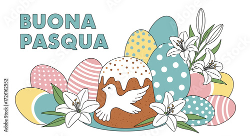 Easter Bread with Decorated Eggs and Lilies