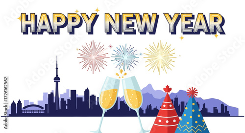 Happy New Year Celebration in Toronto with Fireworks and Party Hats