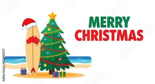 Christmas Surfboard with Santa Hat and Decorated Tree