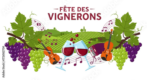 Festive Wine Harvest Celebration with Grapes, Wine, and Musical Instruments