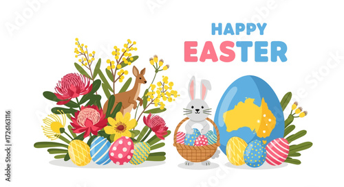 Australian Easter Illustration: Bunny, Kangaroo, Flowers, and Decorated Eggs