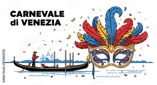 Ornate Venetian Carnival Mask with Colorful Feathers Illustration