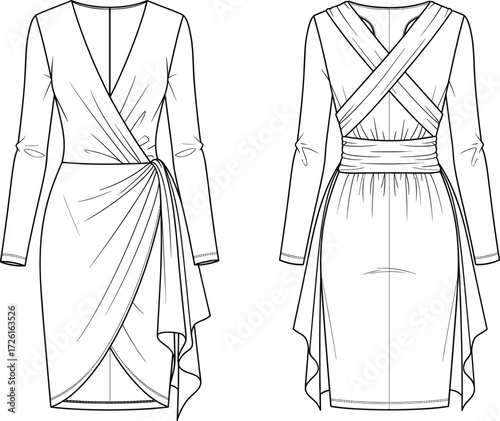 Women's stylish long sleeve mini wrap dress technical flat sketch vector illustration drawing design pattern with deep V-neck, draped skirt, and striking crossed wide band back strap detail - CA