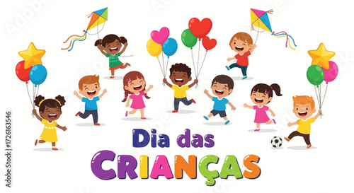 Cheerful Children Celebrating Children's Day with Balloons